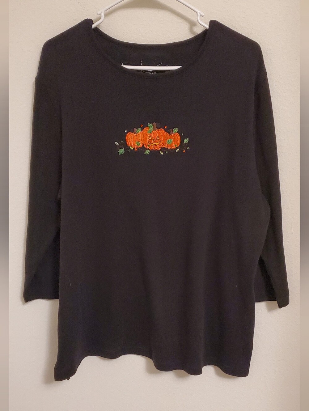 Vintage Festive Black Women’s Pumpkin Embroidered 3/4 Sleeve Top Size XL Y2K